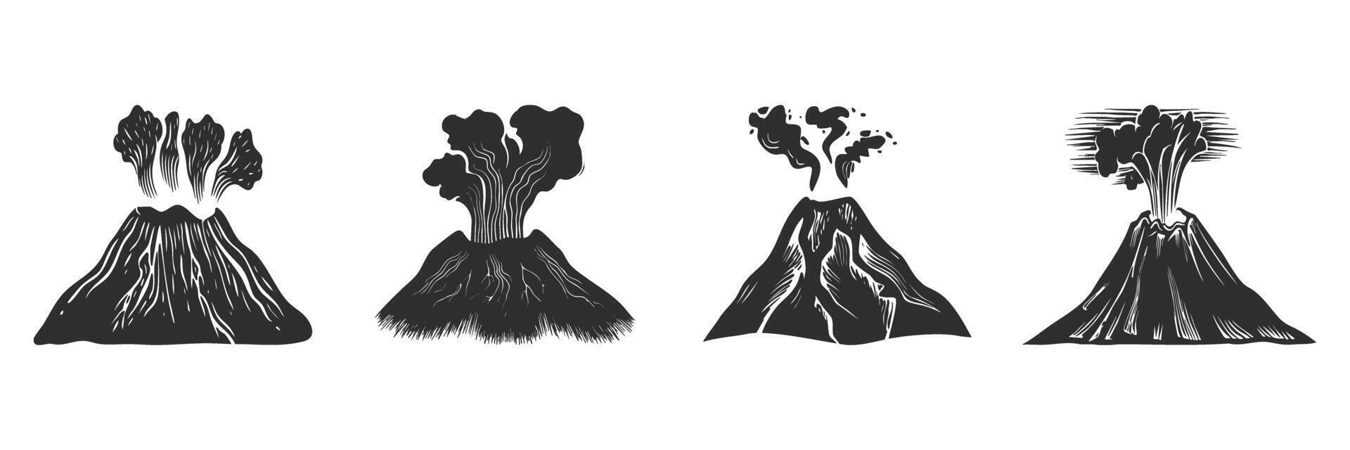 Volcanic Eruption Silhouette Set. Natural Disaster And Geology Concepts Isolated Illustration Collection vector
