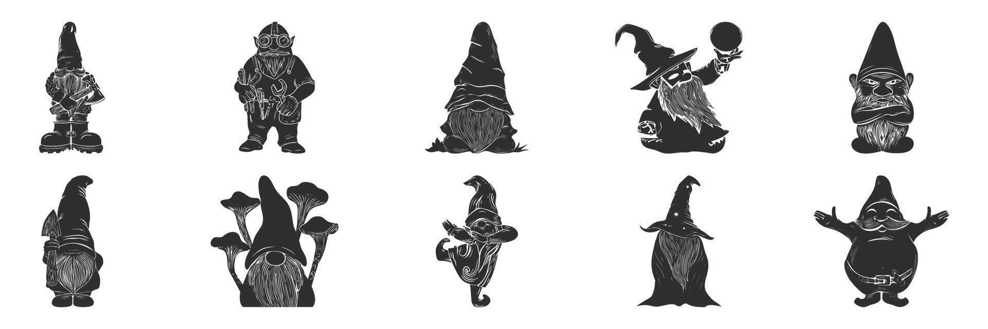 Gnome Characters Silhouette Set. Whimsical Garden Decor And Fantasy Themes Isolated Illustration Collection vector