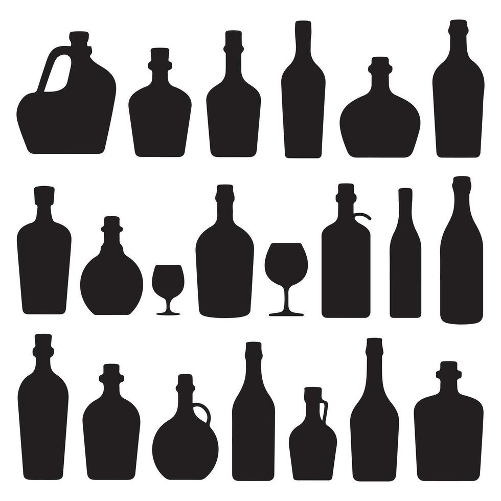 Set of Black silhouettes and white bottles of alcohol in different styles. with white vector