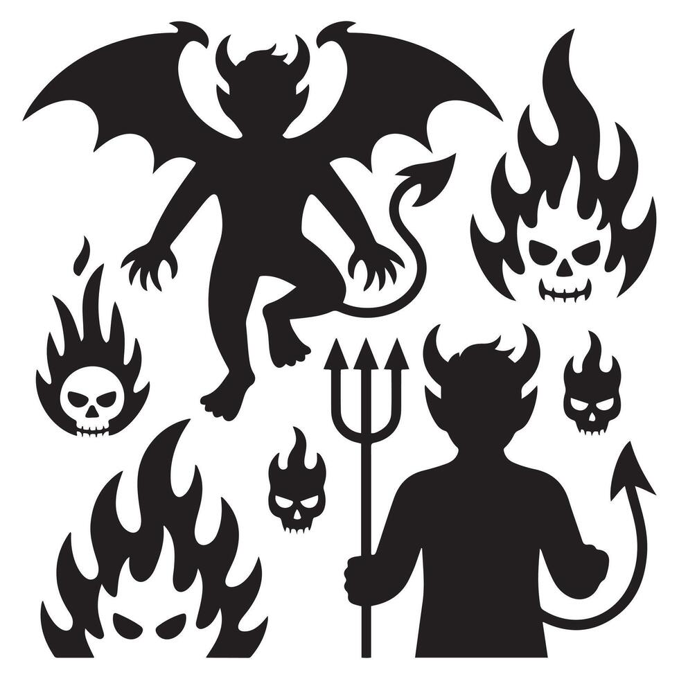 Demon devil and hell silhouettes set, large pack of Silhouette Black Illustration. with white background vector