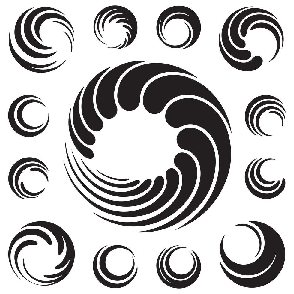 Spiral and swirl motion twisting circles design element set Black silhouettes. with white background vector