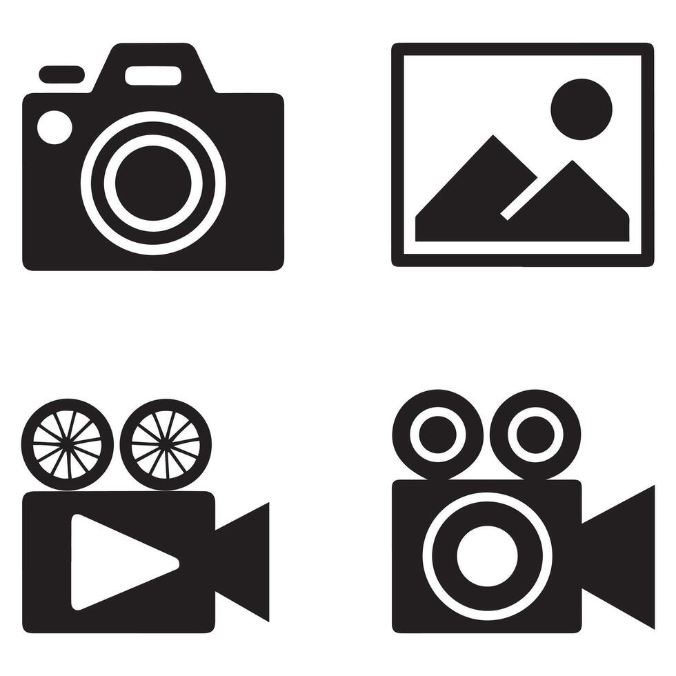 Photo and icon set. Icons of photography, image, photo gallery, camera and photo camera. Diaphragm icon. image, photo gallery Silhouette Black illustration. with white background vector