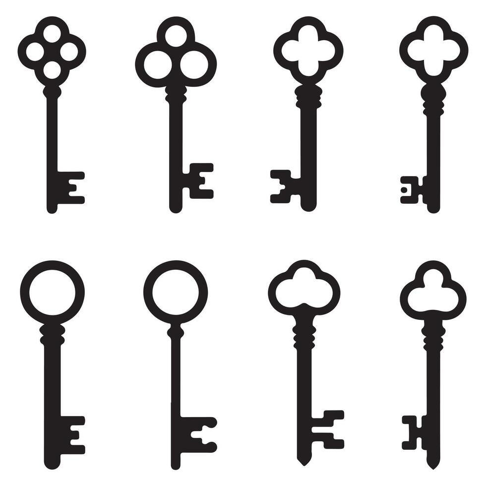 Antique key Black silhouettes. Medieval and modern keys, vintage shapes set. Open door symbols, privacy and escape. Abstract tidy elements. with white background vector