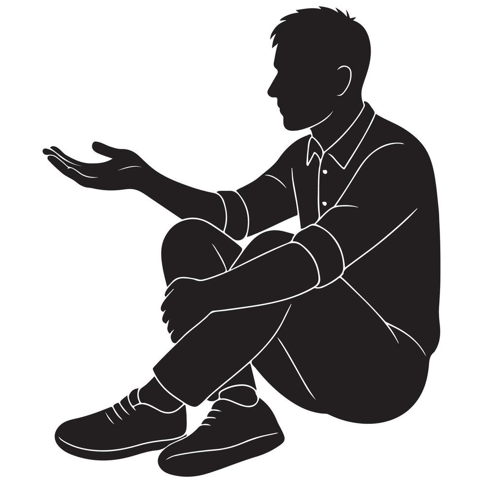 Silhouette of a man sitting with both hands extended forward as if offering something vector