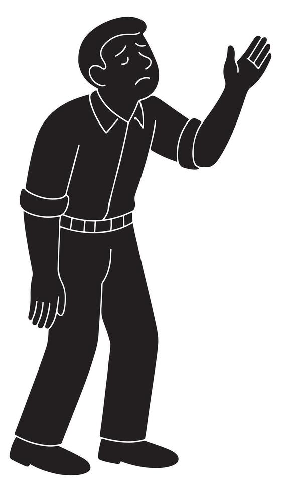 Silhouette of a man holding one hand toward the sky as if pleading, helpless man silhouette vector