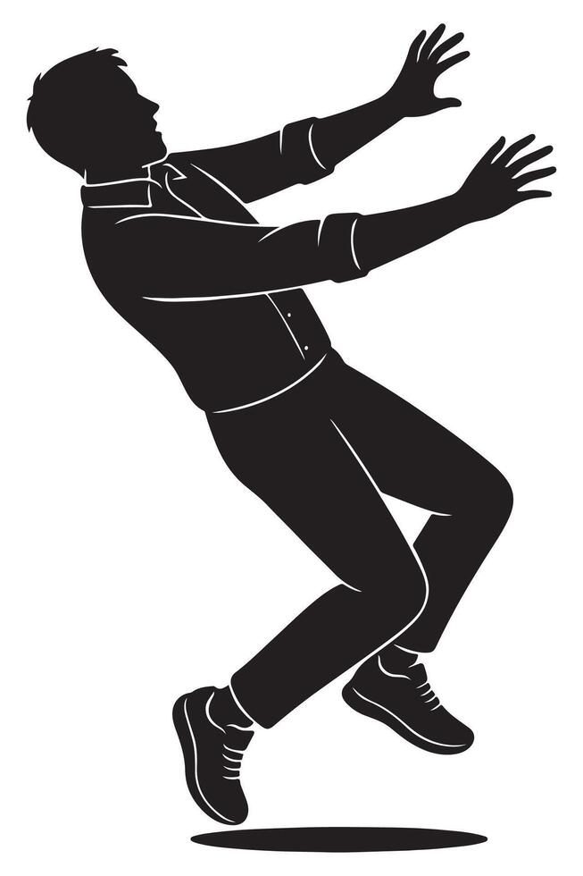 Silhouette of a man falling backward with arms flailing for balance, action silhouette vector