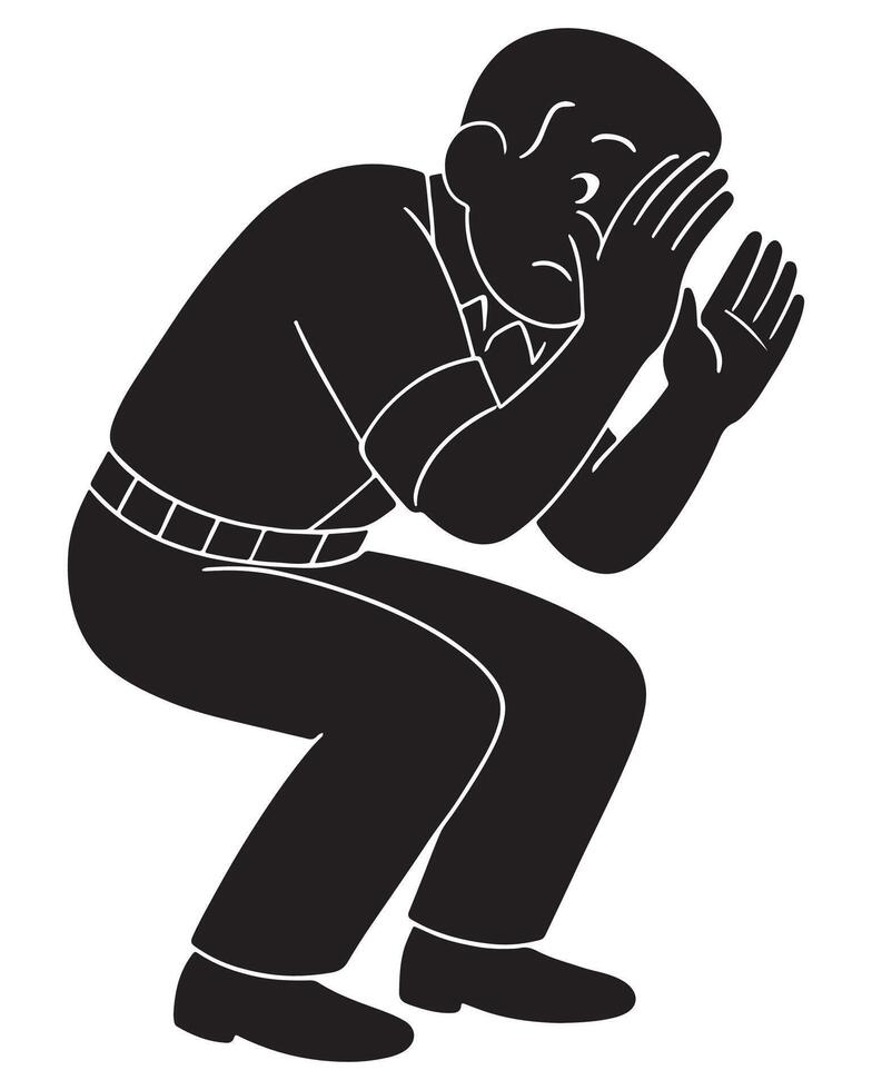 Silhouette of a man crouching as if hiding, peeking with hands shielding face vector