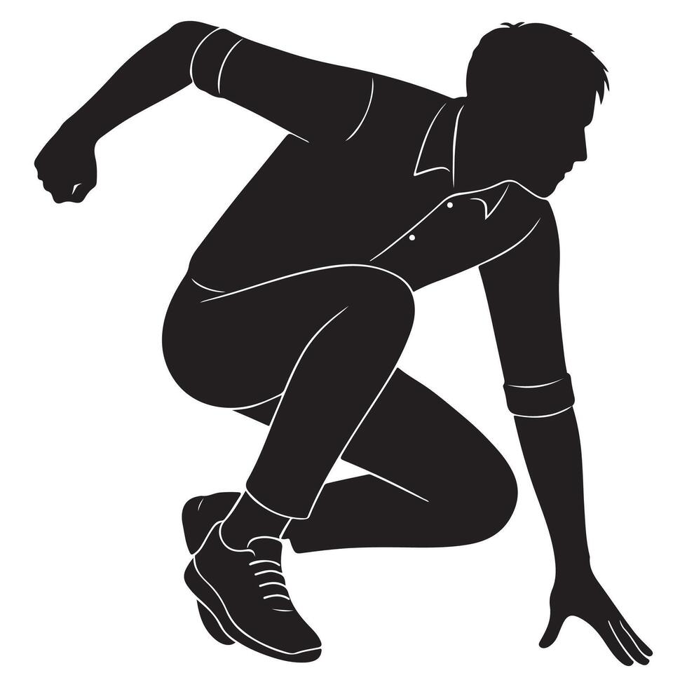Silhouette of a man landing from a jump with one knee bent and hand touching the ground vector