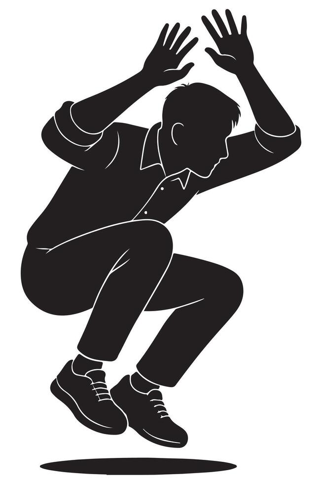 Silhouette of a man ducking with hands raised to shield himself vector