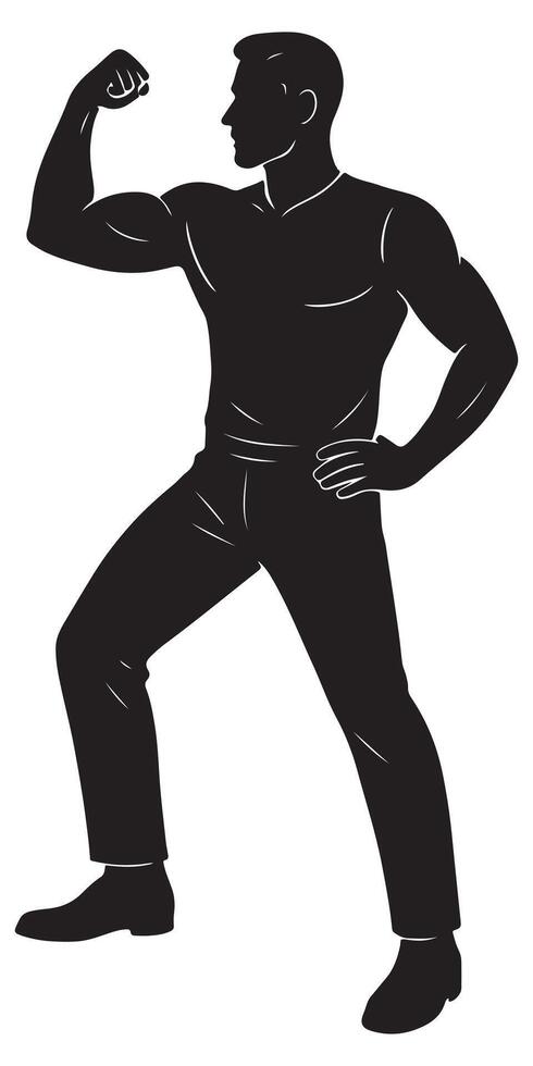 Silhouette of a man flexing one arm in a show of triumph and power, bodybuilder man silhouette vector