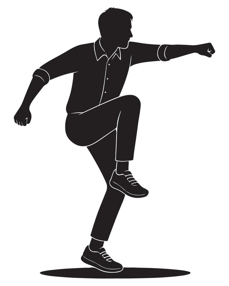 Silhouette of a man spinning his body with one arm extended outward in motion, action silhouette vector