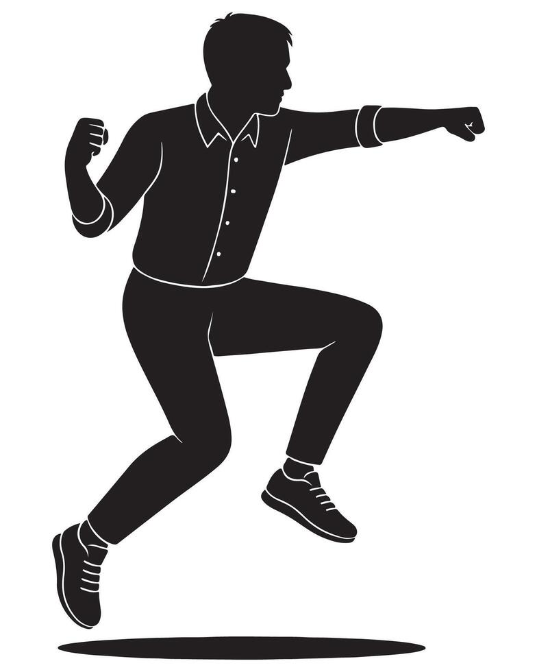 Silhouette of a man punching forward with the other arm drawn back, action silhouette vector