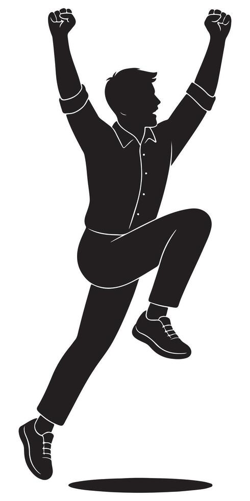 Silhouette of a man throwing both arms up in a powerful jump or celebration, action silhouette vector