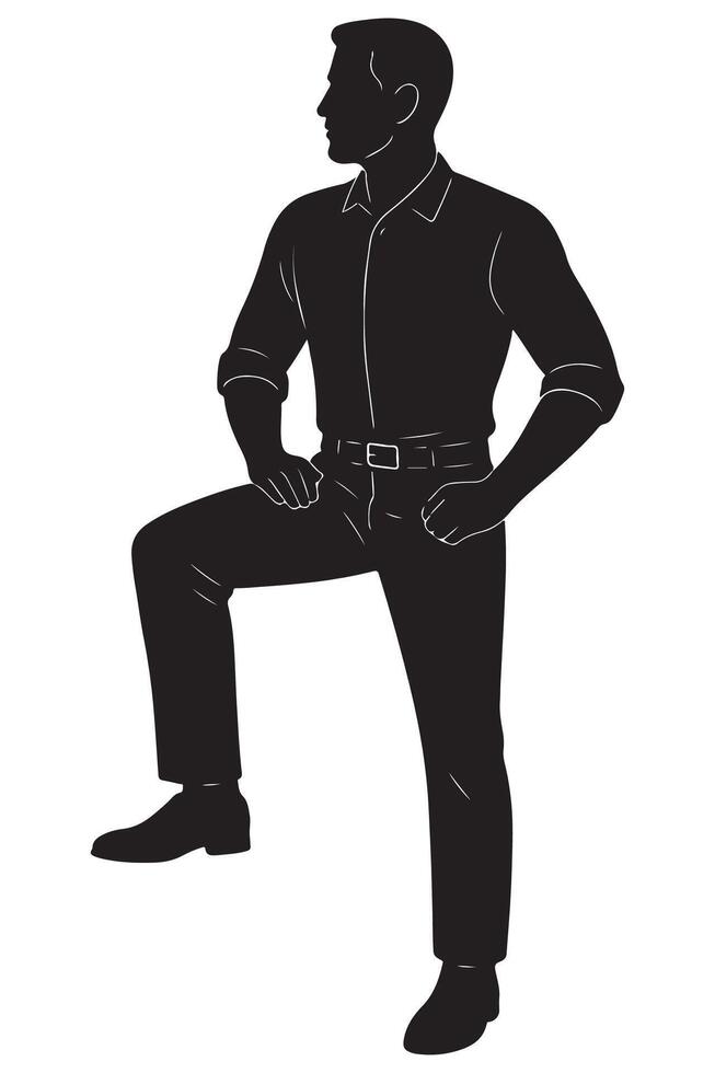 Silhouette of a man with one knee up on an invisible rock, hands resting on raised knee vector