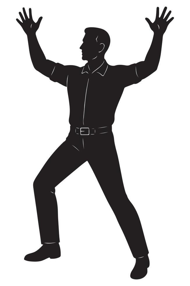Silhouette of a man with both arms raised and fingers spread, summoning unseen power, powerful man silhouette vector