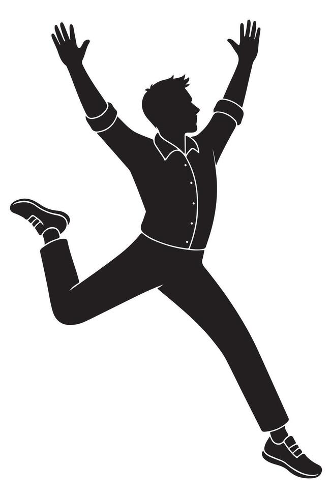Silhouette of a man leaping upward with arms stretched high and legs split in the air, dancing silhouette vector