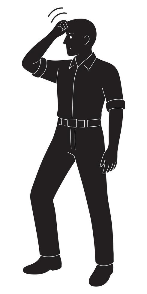 Silhouette of a man scratching his head with exaggerated confusion, confused man silhouette vector