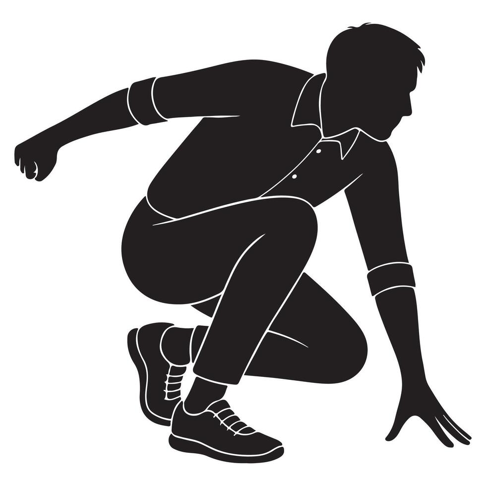 Silhouette of a man crouched and ready to spring with fingers touching the ground, sitting silhouette vector