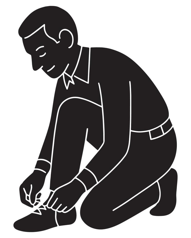 Silhouette of a man kneeing tying shoelaces, bent slightly forward vector