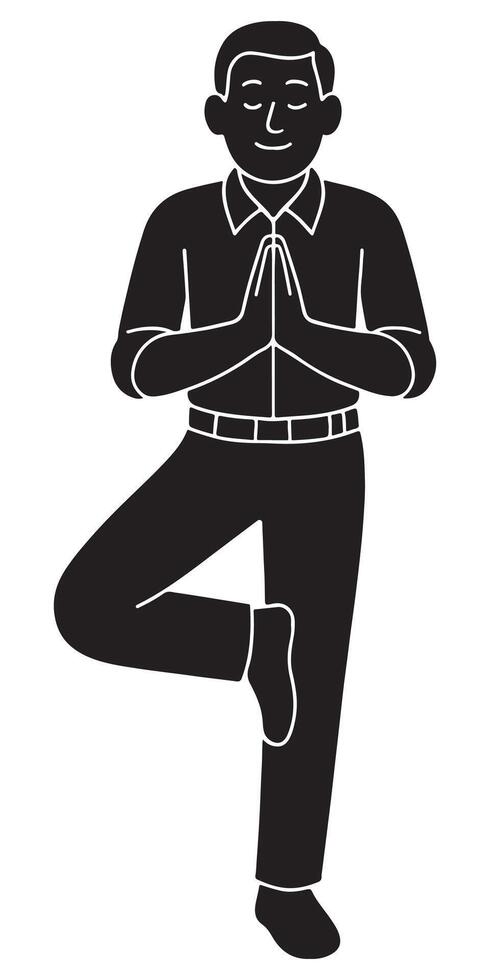 Silhouette of a man in tree pose, one foot resting on the inner thigh and hands together at chest vector