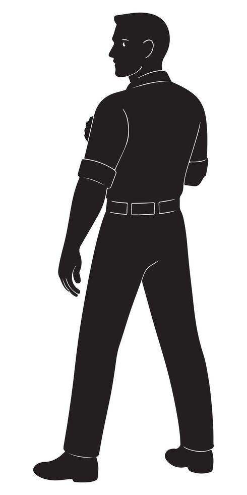 Silhouette of a man turning away while throwing one last look over his shoulder, heroic and calm man silhouette vector