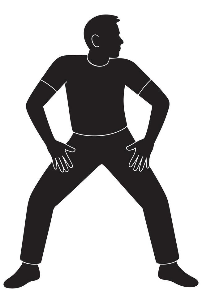 Silhouette of a man standing with feet wide apart and hands placed on thighs, mid-dance, action silhouette vector