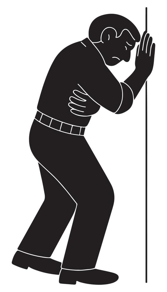 Silhouette of a man clinging to something unseen with his face turned away, sad man silhouette vector