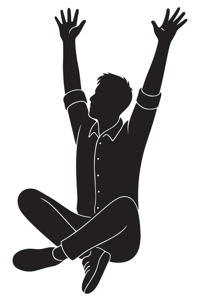 Silhouette of a man sitting with arms reaching upward in a big stretch, excited man silhouette vector