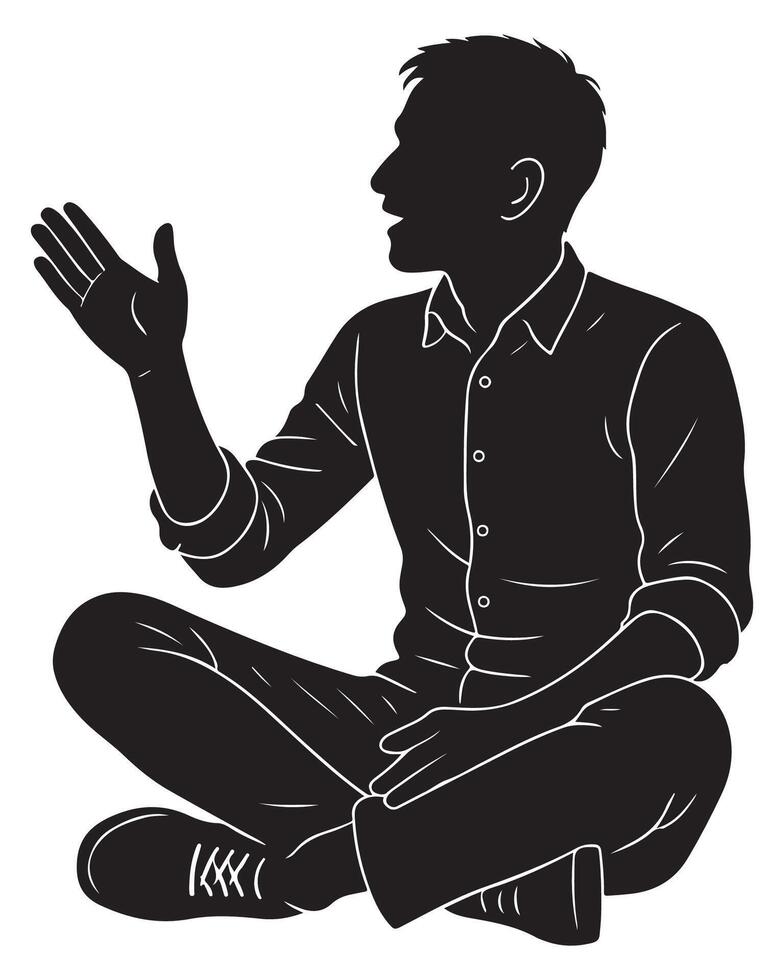 Silhouette of a man sitting cross-legged with one hand raised mid-conversation, talking man silhouette vector