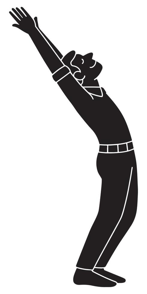 Silhouette of a man with arms raised in sun salutation stance, arching slightly backward, man doing exercise vector