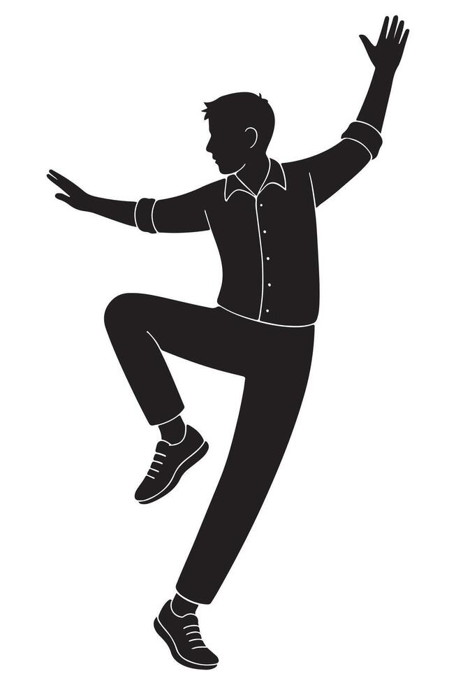 Silhouette of a man mid-step with one arm overhead and other extended sideways., dancing silhouette vector