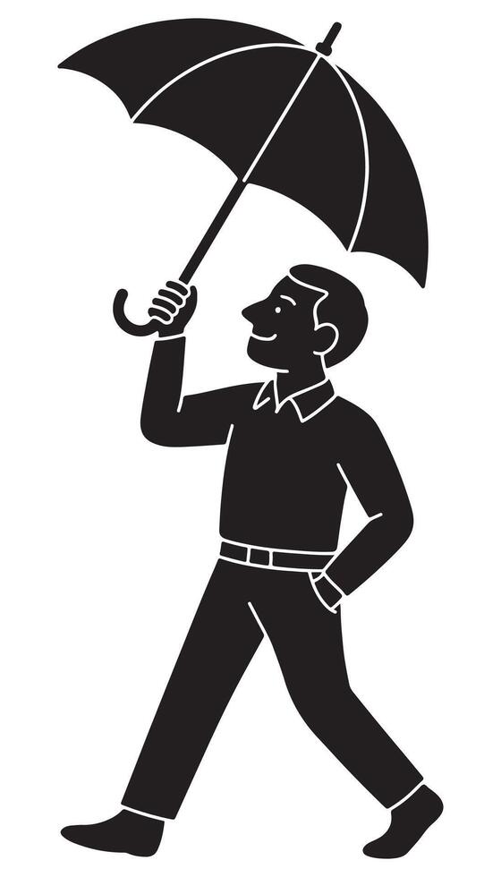 Silhouette of a man opening an umbrella, arm extended upward, man with umbrella silhouette vector