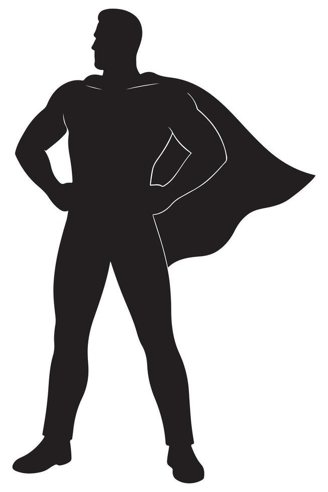 Silhouette of a man with cape implied, standing with hands on hips in superhero fashion, superman standing silhouette vector