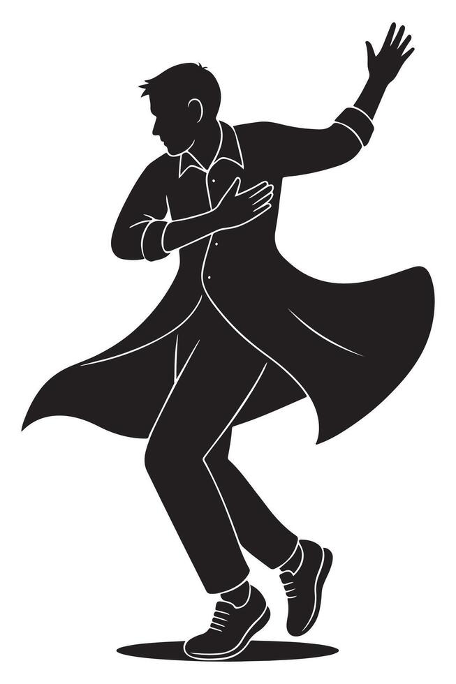 Silhouette of a man mid-twirl with coat or fabric implied flowing with motion, dancing silhouette vector
