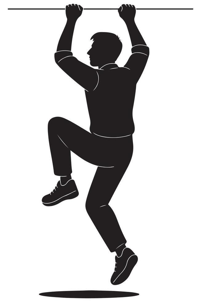 Silhouette of a man climbing upward with one knee lifted and arms pulling, action silhouette vector