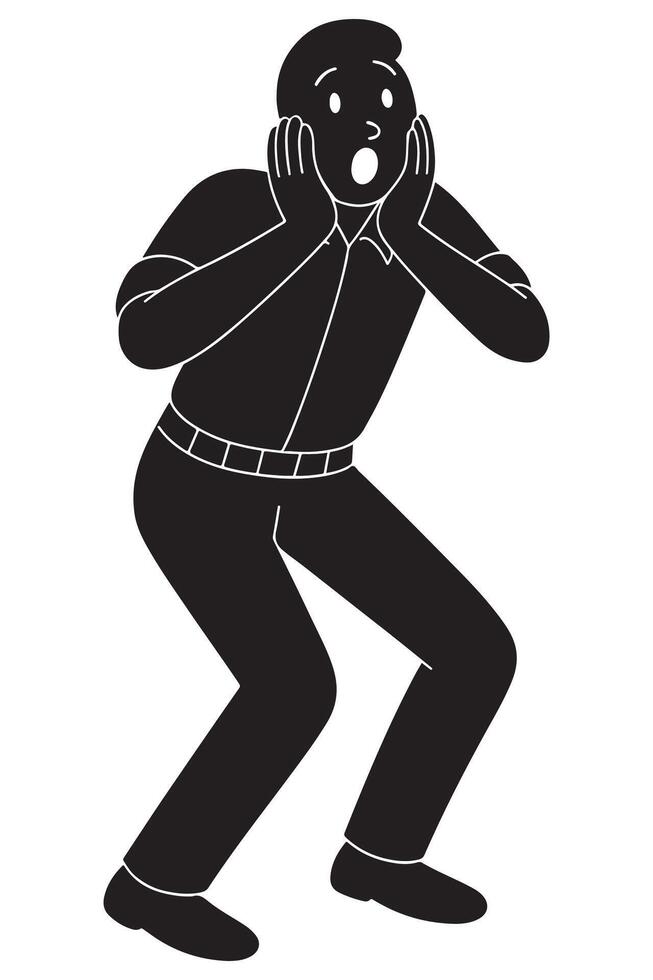 Silhouette of a man holding both hands dramatically to his cheeks in shock, shocked man silhouette vector