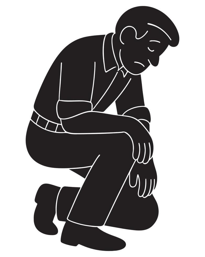 Silhouette of a man crouched with one arm draped over his knee, staring down, sad man silhouette vector
