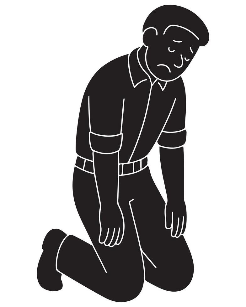 Silhouette of a man on his knees with arms hanging lifelessly by his sides, depressed man silhouette vector