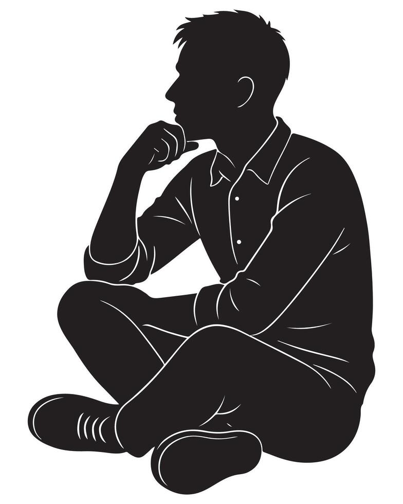 Silhouette of a man sitting with one knee raised and chin resting on it vector