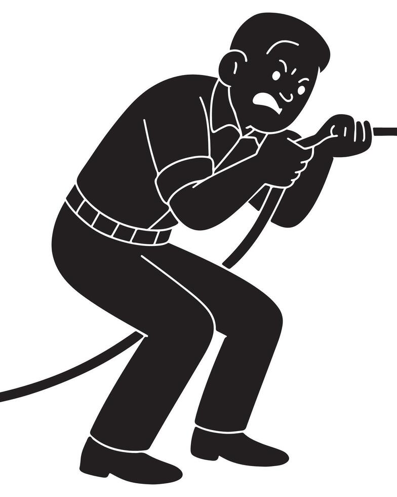 Silhouette of a man pulling an invisible rope with exaggerated resistance, hardworking man silhouette vector