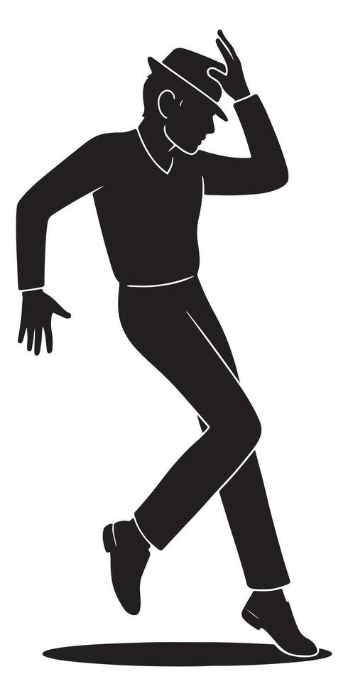Silhouette of a man frozen mid-jump with one hand on his hat in a Michael Jackson pose, dancing silhouette vector