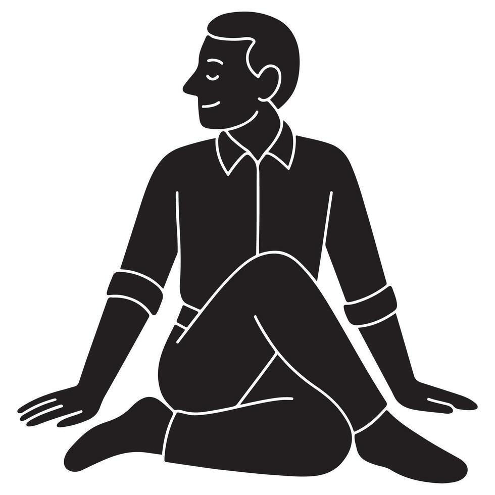 Silhouette of a man in seated twist pose with one leg bent over the other and torso rotated vector