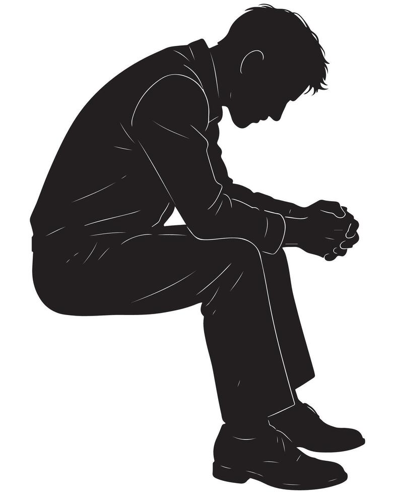 Silhouette of a man sitting with elbows on knees and head hanging down, deep in thought, thinking man silhouette vector