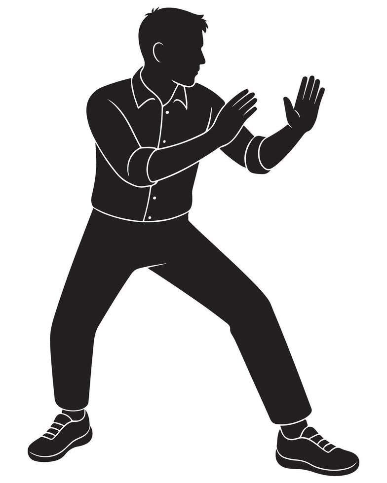 Silhouette of a man in a defensive martial arts stance, both hands raised near chest, action silhouette vector