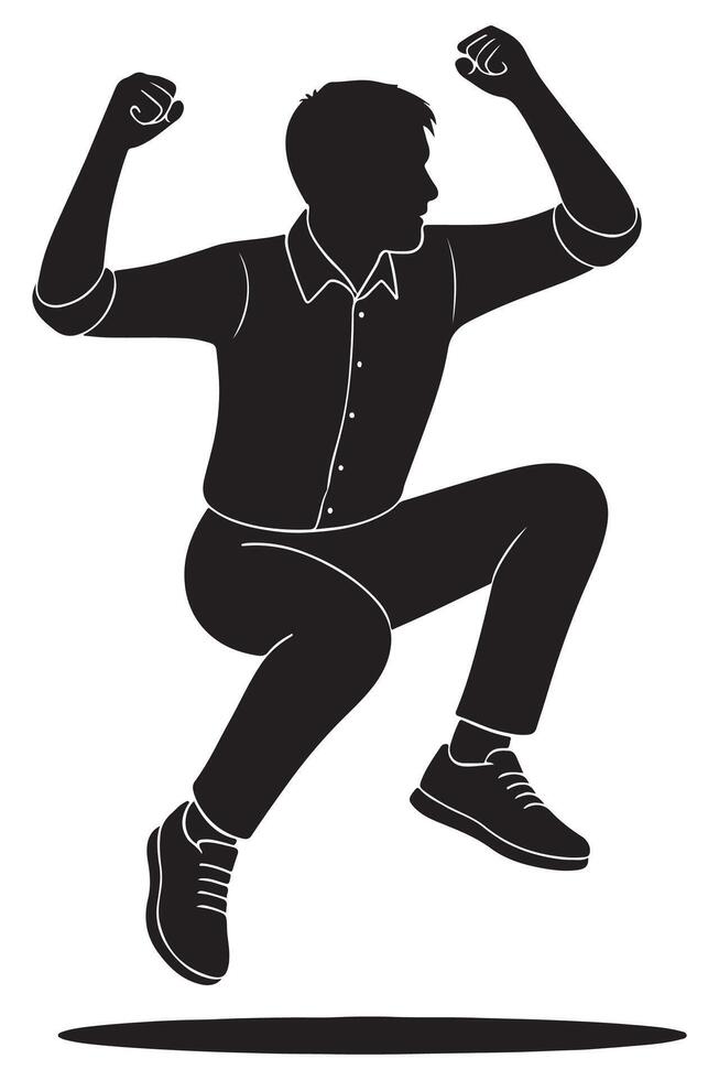Silhouette of a man jumping with both knees bent and fists raised, action silhouette vector