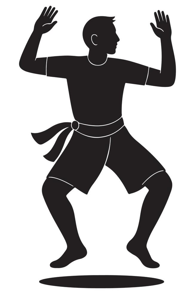 Silhouette of a man doing a traditional cultural dance move with arms raised and knees bent rhythmically, dancing silhouette vector