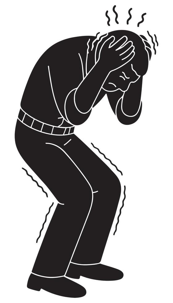 Silhouette of a man bent over, visibly trembling, hands gripping his head, fearful man silhouette vector