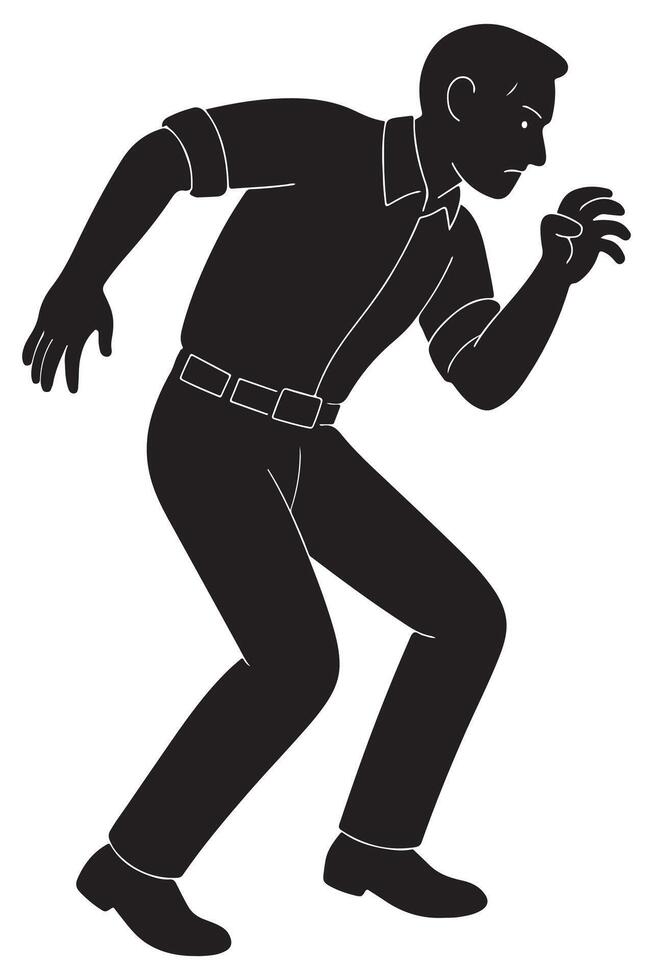 Silhouette of a man tiptoeing sneakily with hunched shoulders and bent knees, thief silhouette vector