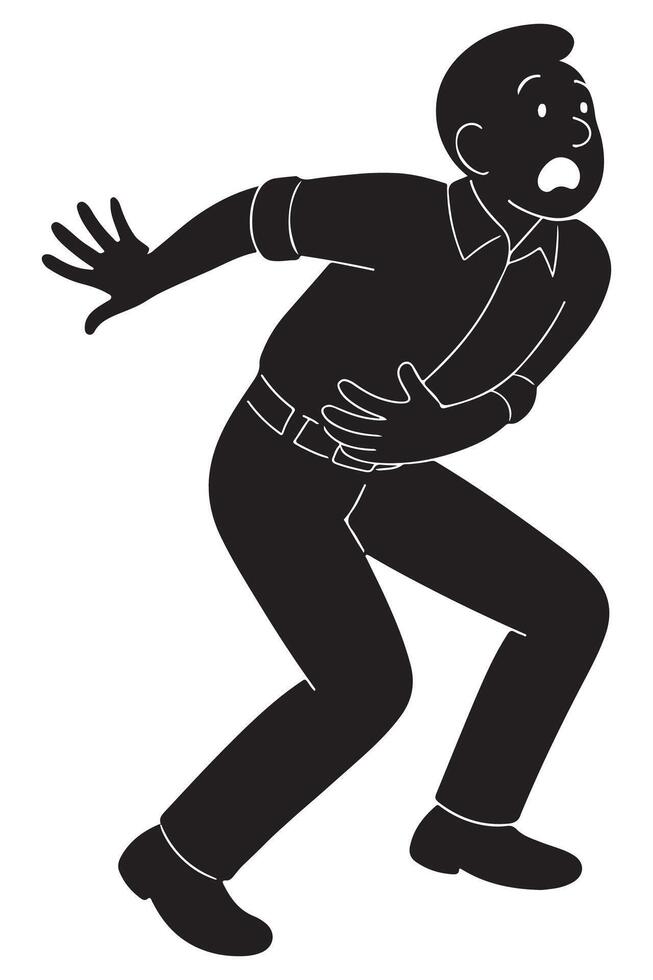 Silhouette of a man running with exaggerated fear, arms stretched behind, action man silhouette vector