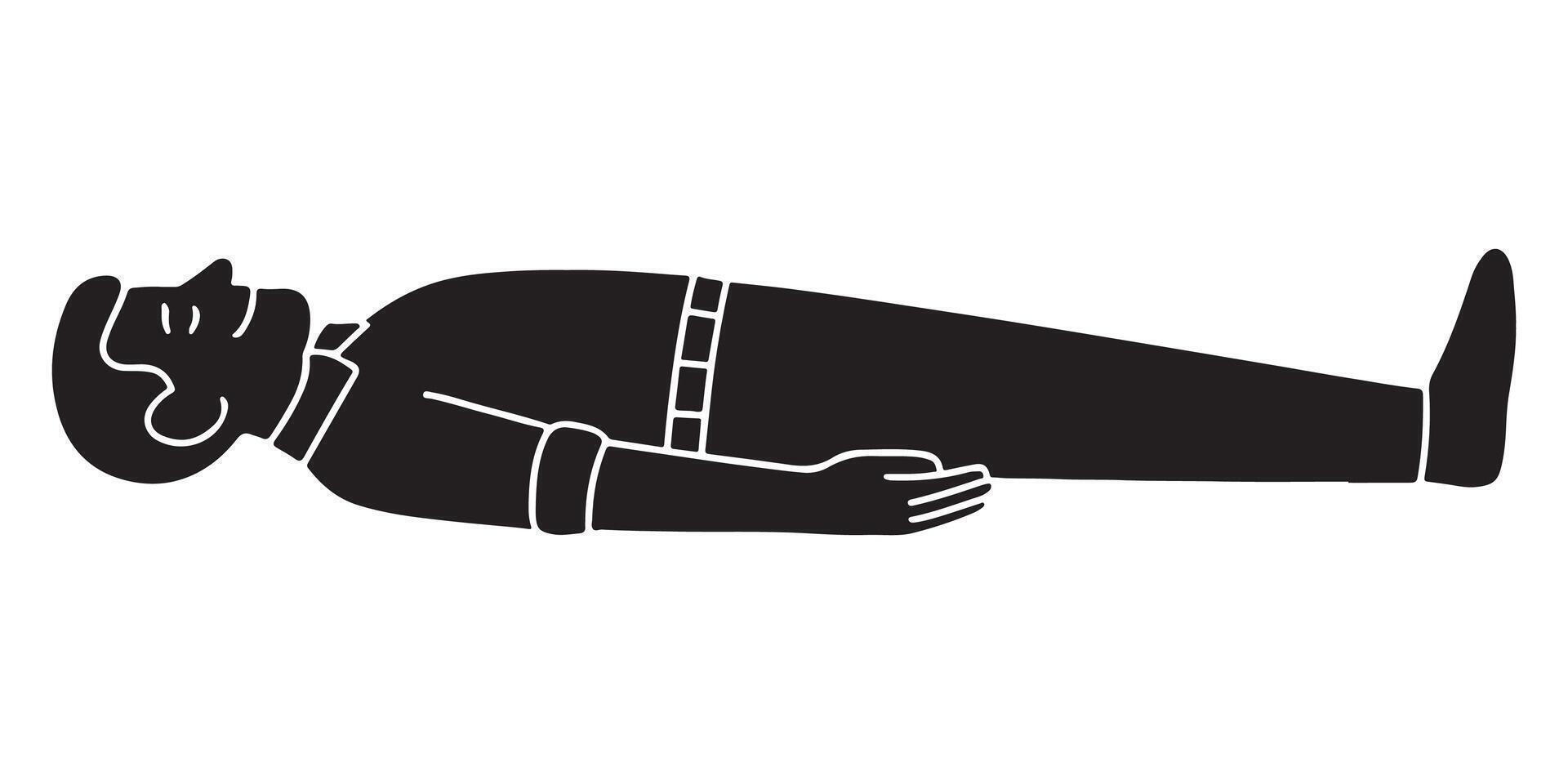 Silhouette of a man lying on back in savasana pose, arms and legs relaxed, male body on ground silhouette vector